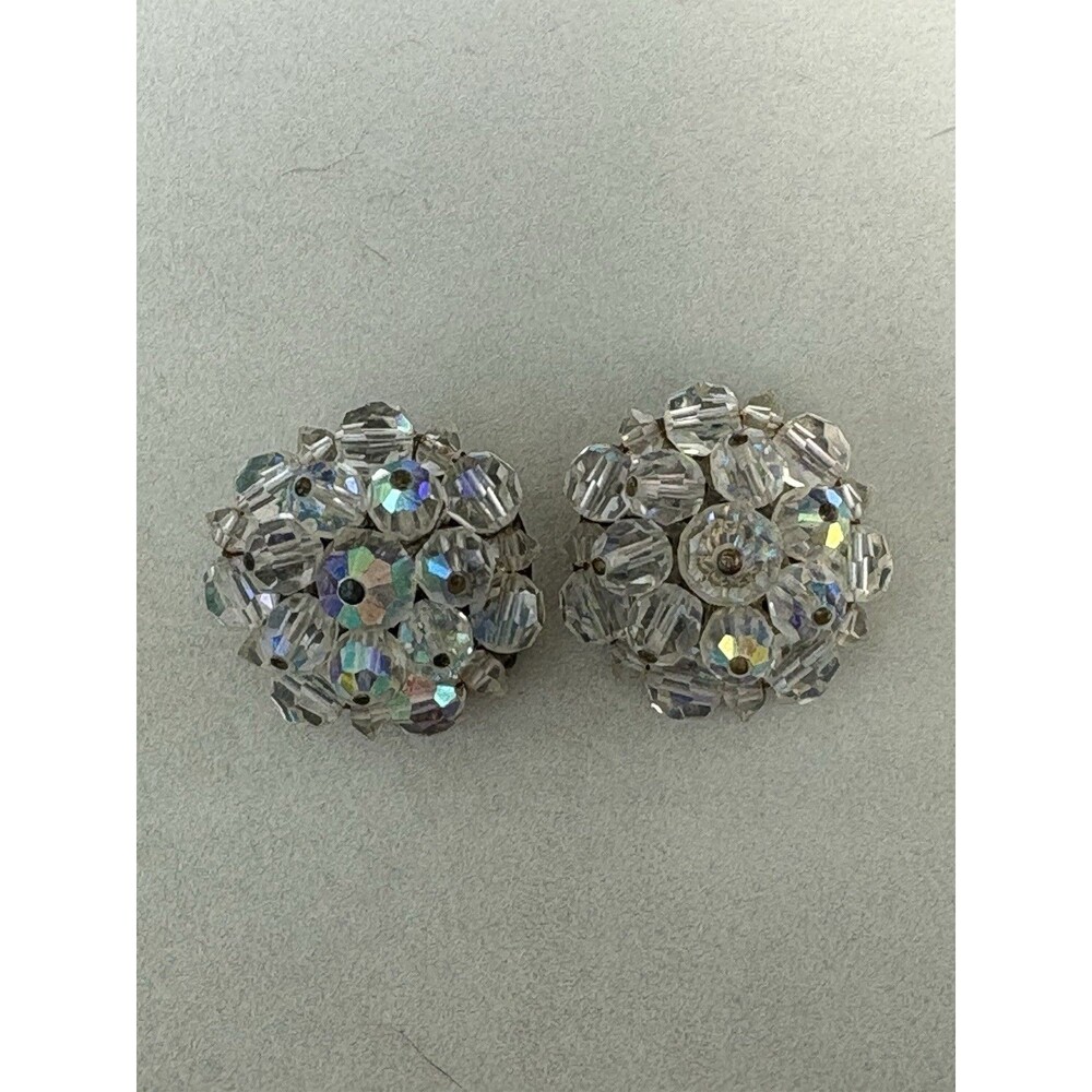 Vintage AB Crystal Glass Beaded Cluster Clip On Earrings Pat. Pend.